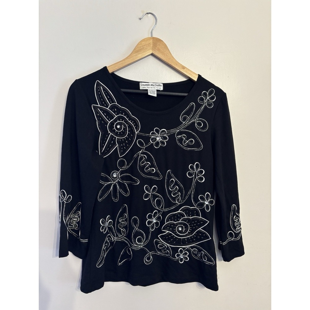Vintage Lauren Michelle Women's Black Floral‎ Embroidered Beaded Blouse L